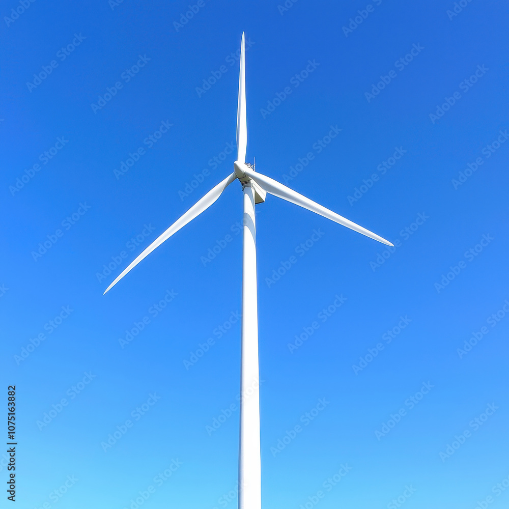 Modern wind turbine blades spinning against clear blue sky, showcasing renewable energy technology and sustainability. image captures essence of clean energy production Modern wind turbine blades spinning against clear blue sky, showcasing renewable energy technology and sustainability. image captures essence of clean energy production