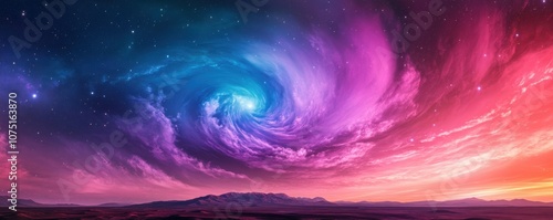 Vibrant cosmic scene featuring swirling colors and stars.