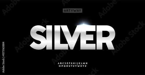 Bold silver sans serif alphabet for headlines, glossy metallic typeface, sleek polished font for premium logo. Vector typeset.