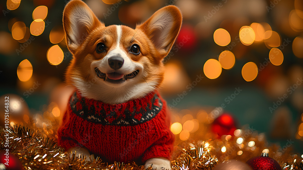 Corgi in a Christmas sweater sitting on tinsel with a green background
Corgi in a Christmas sweater sitting on tinsel with a green background