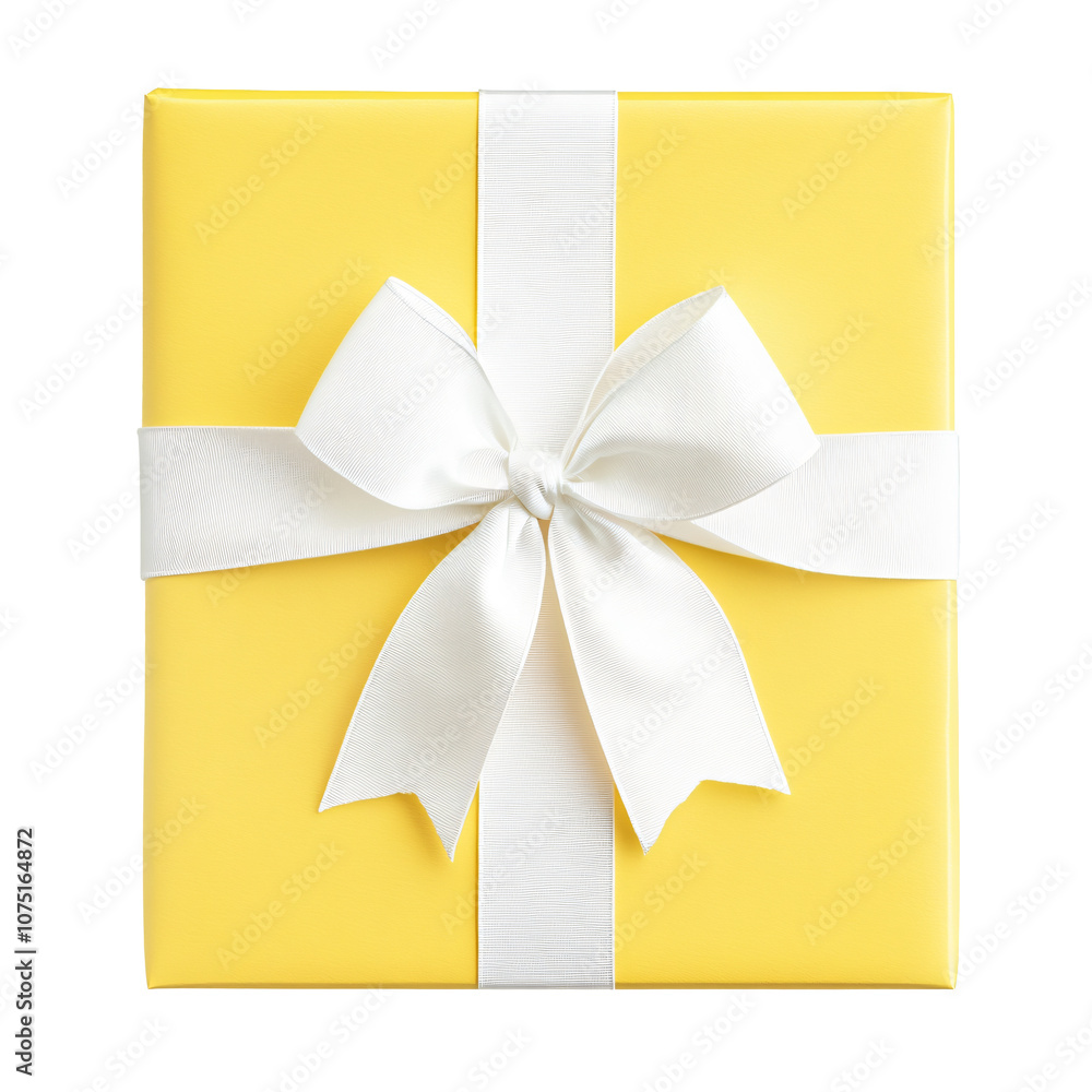Bright Yellow Gift Box with White Bow Isolated on White Background Bright Yellow Gift Box with White Bow Isolated on White Background