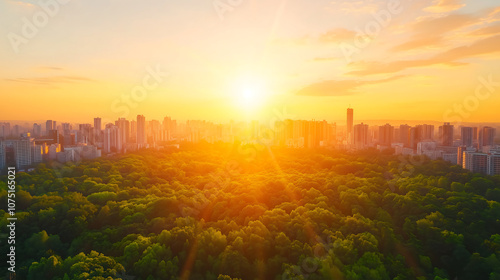 Explore the breathtaking sunrise over a lush urban landscape surrounded by nature and modern architecture photo