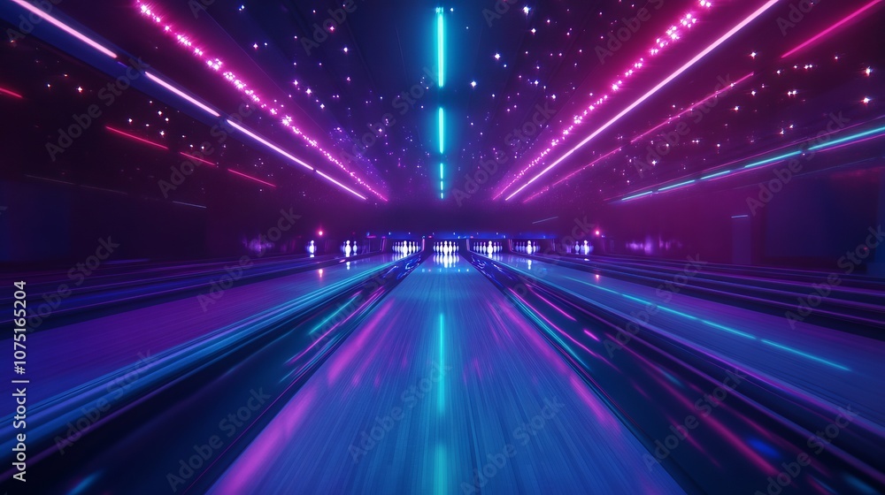 Neon-Lit Bowling Alley with Glowing Stars. AI generated illustration Neon-Lit Bowling Alley with Glowing Stars. AI generated illustration