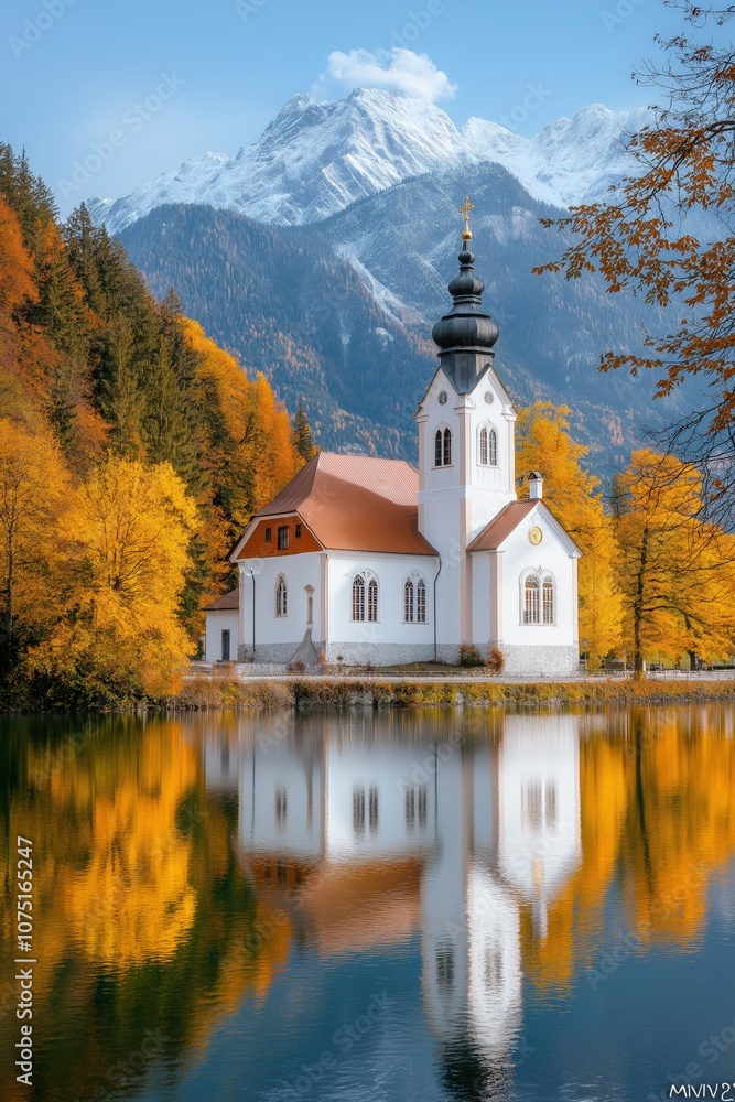 Obraz premium Scenic Autumn Reflection of a Church by Mountains