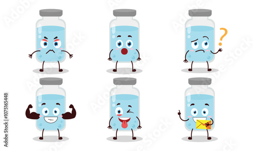 funny medicine vial bottle with different expressions character design illustration
