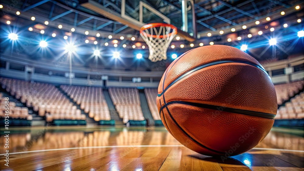 Basketball on Court in Brightly Lit Arena Basketball on Court in Brightly Lit Arena