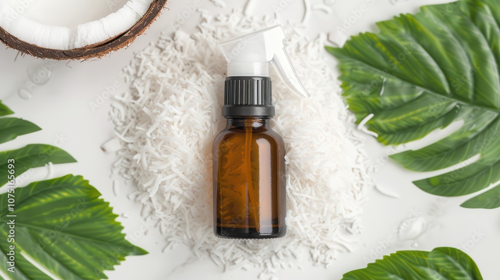 Fototapeta premium A bottle of oil rests on a bed of coconut flakes, surrounded by tropical leaves, creating a serene, natural ambiance.