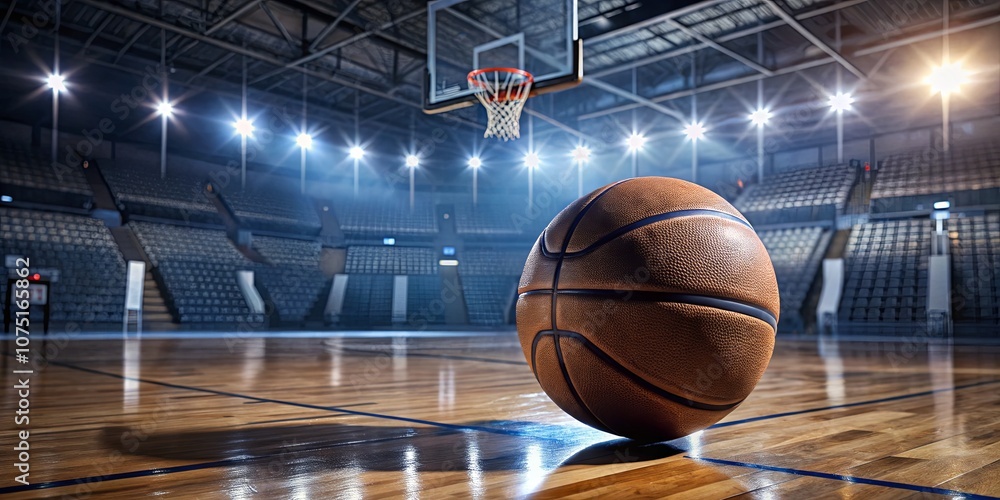 Basketball on Court Ready for Game Action Basketball on Court Ready for Game Action