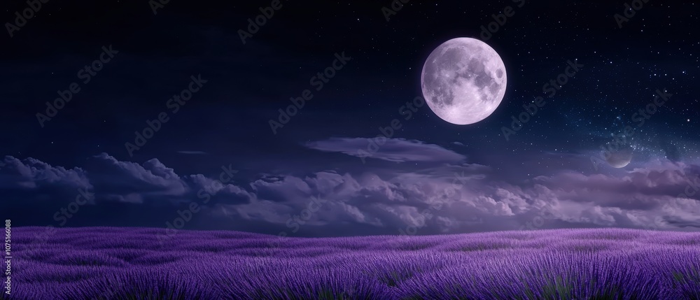 Fototapeta premium A field of lavender glowing softly under the light of a rising moon