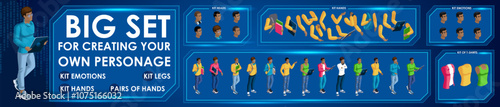 Isometric Black Man characters constructor for designed N7. Presentation in various action. Set of Students personages flat style illustration