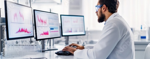 Scientist analyzing data on multiple screens in a lab setting.