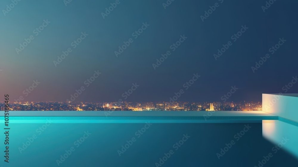 Fototapeta premium A high-rise rooftop pool overlooking a vibrant urban skyline at night