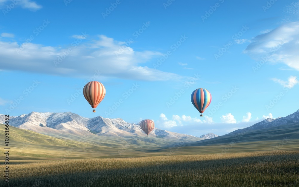 Fototapeta premium A lush valley dotted with colorful hot air balloons floating in the early morning light
