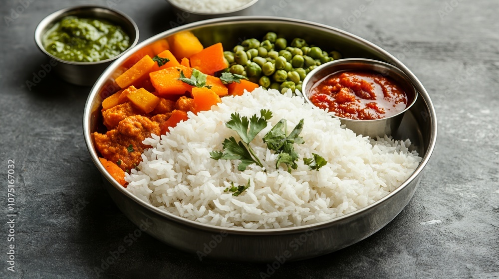 Delicious Indian Meal with Rice, Vegetables, and Chutney. AI generated illustration Delicious Indian Meal with Rice, Vegetables, and Chutney. AI generated illustration