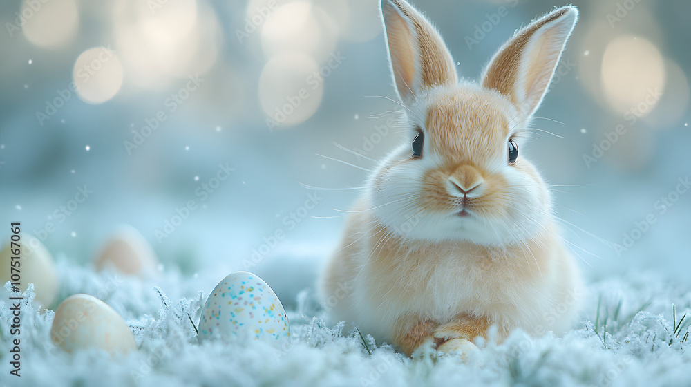 Photo of a white Easter bunny on green grass with colorful eggs
Photo of a white Easter bunny on green grass with colorful eggs