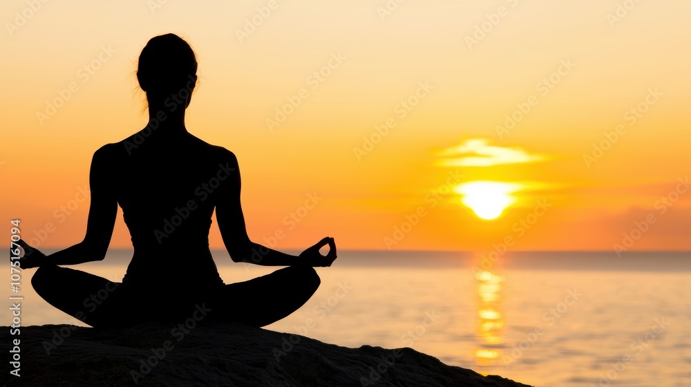 A person meditating on a cliff overlooking the ocean during a stunning sunset A person meditating on a cliff overlooking the ocean during a stunning sunset