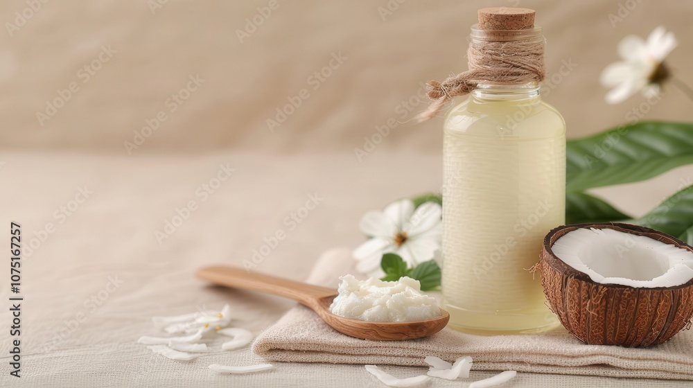 A serene arrangement featuring a bottle of oil, coconut, and cream, evoking natural beauty and wellness. A serene arrangement featuring a bottle of oil, coconut, and cream, evoking natural beauty and wellness.