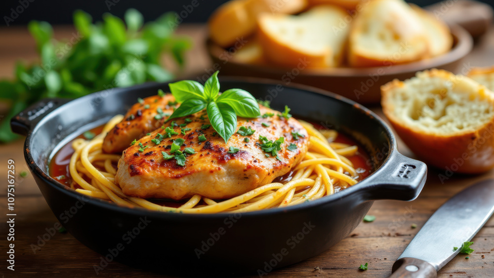 A skillet filled with delicious Mary's chicken pasta accompanied by garlic bread on a rustic table. A skillet filled with delicious Mary's chicken pasta accompanied by garlic bread on a rustic table.