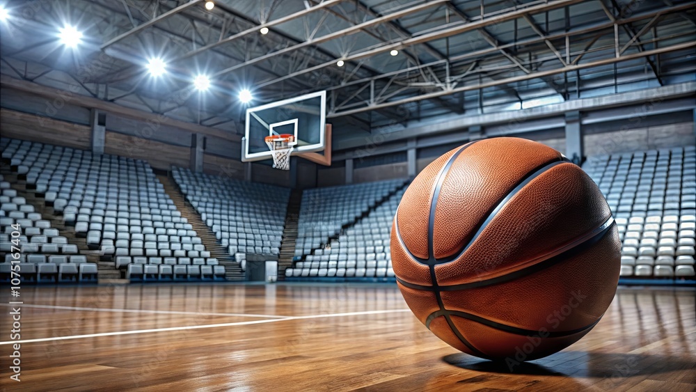 Basketball on Court with Empty Arena Background Basketball on Court with Empty Arena Background