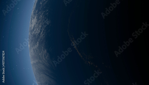 Illustration of a serene view of Earth from space showcasing the planet's curvature and the blackness of space against a starry backdrop.