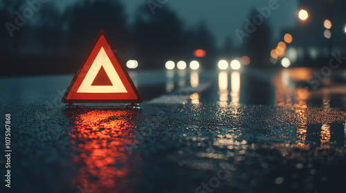 Red Emergency Triangle on Dark Wet Road at Night