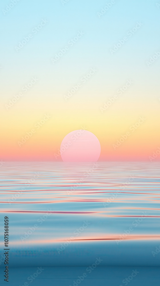 Obraz premium serene sunset over calm waters, with soft pastel colors reflecting on surface. sun appears large and glowing, creating tranquil atmosphere