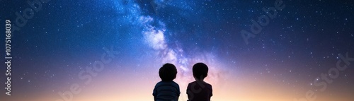 Two children gaze at a stunning starry night sky and galaxy.