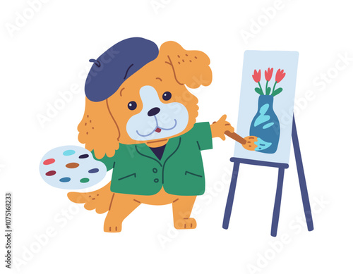 Vector illustration with the image of a kawaii dog as an artist.