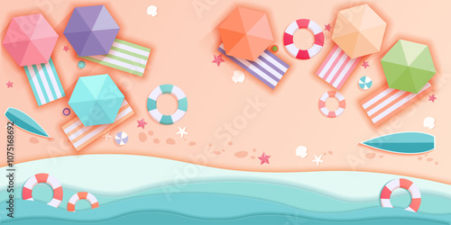 Summer beach. Paper cut sea art. Summertime vacation. Origami resort seashore. Sunbathing umbrella top view. Mat on sand. Water lifebuoy. Seaside landscape. Vector travel background