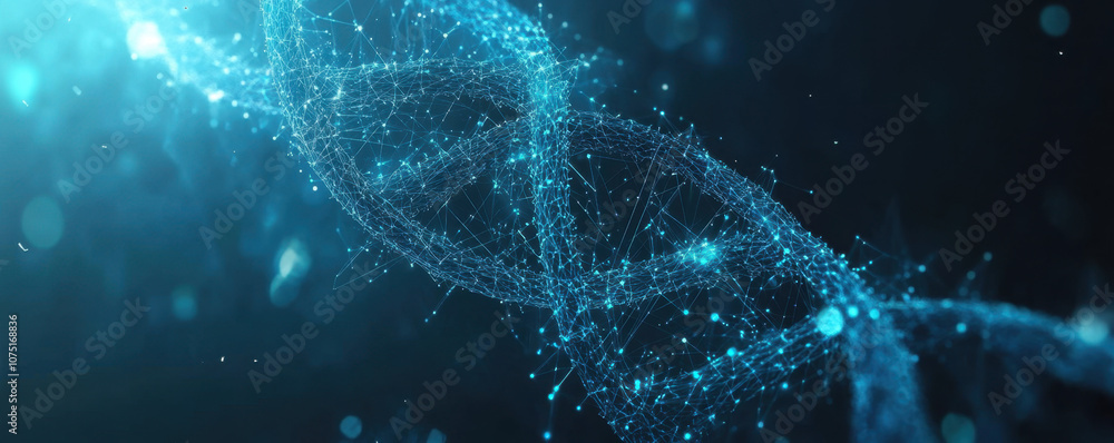 Blue background with a DNA double helix and digital network, a science or technology concept for medical research.
