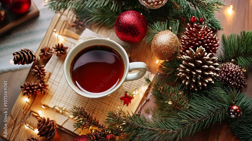 A cup of tea is on a wooden table with pine cones and Christmas decorations A cup of tea is on a wooden table with pine cones and Christmas decorations