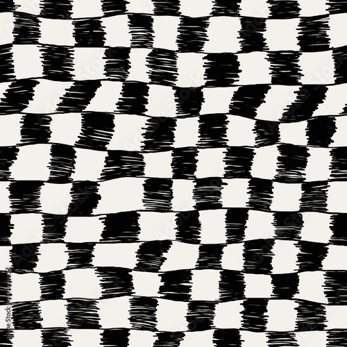 Striped and check pattern. Imperfect irregular lines. Black and white checkered stripes. Doodle vector background.