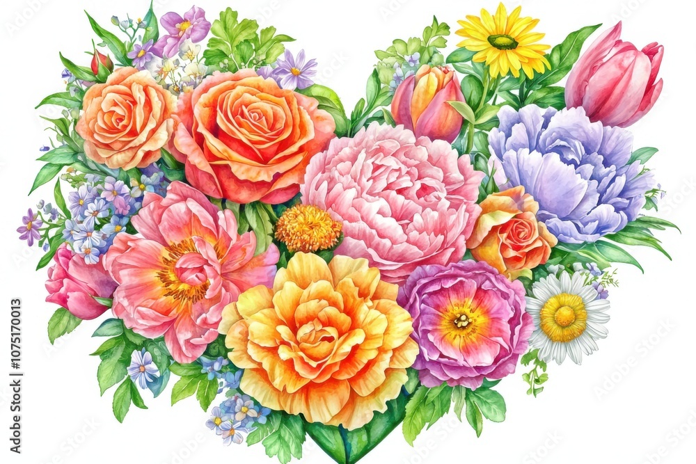 A vibrant heart-shaped arrangement of various colorful flowers. A vibrant heart-shaped arrangement of various colorful flowers.