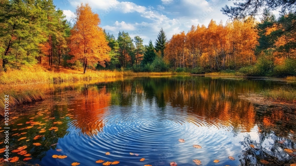 Obraz premium Serene forest pond surrounded by autumn leaves and gentle ripples in nature s embrace