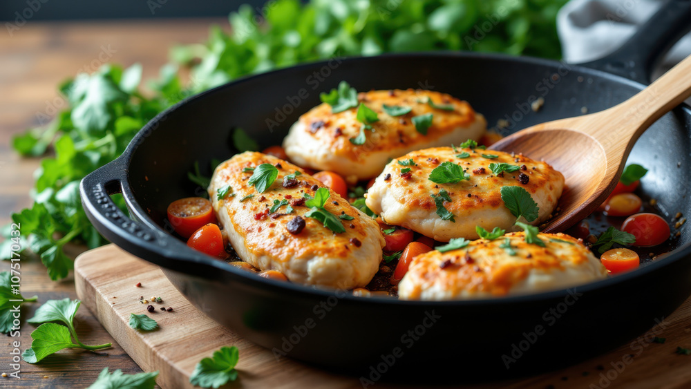 A frying pan filled with Mary's chicken, a popular Italian dish, garnished with herbs and served on a wooden cutting board. A frying pan filled with Mary's chicken, a popular Italian dish, garnished with herbs and served on a wooden cutting board.