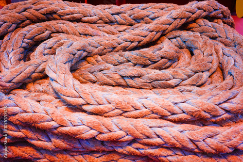 Twisted coils of thick brown rope in a heap on a cargo container ship.