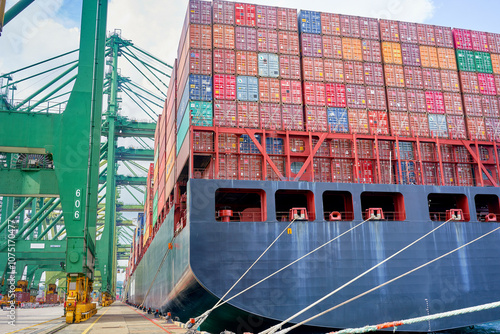 A large container ship, the Hamburg Express, is docked at a port being loaded or unloaded with a multitude of colorful shipping containers, Singapore