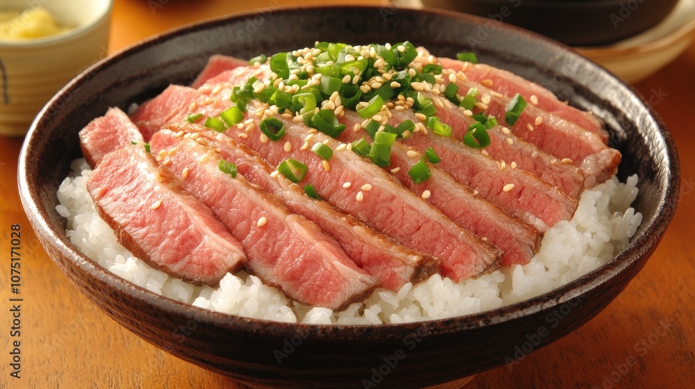Delicious bowl of steaming rice topped with tender slices of beef, green onions, and sesame seeds, creating a mouth-watering experience for food lovers everywhere. Delicious bowl of steaming rice topped with tender slices of beef, green onions, and sesame seeds, creating a mouth-watering experience for food lovers everywhere.