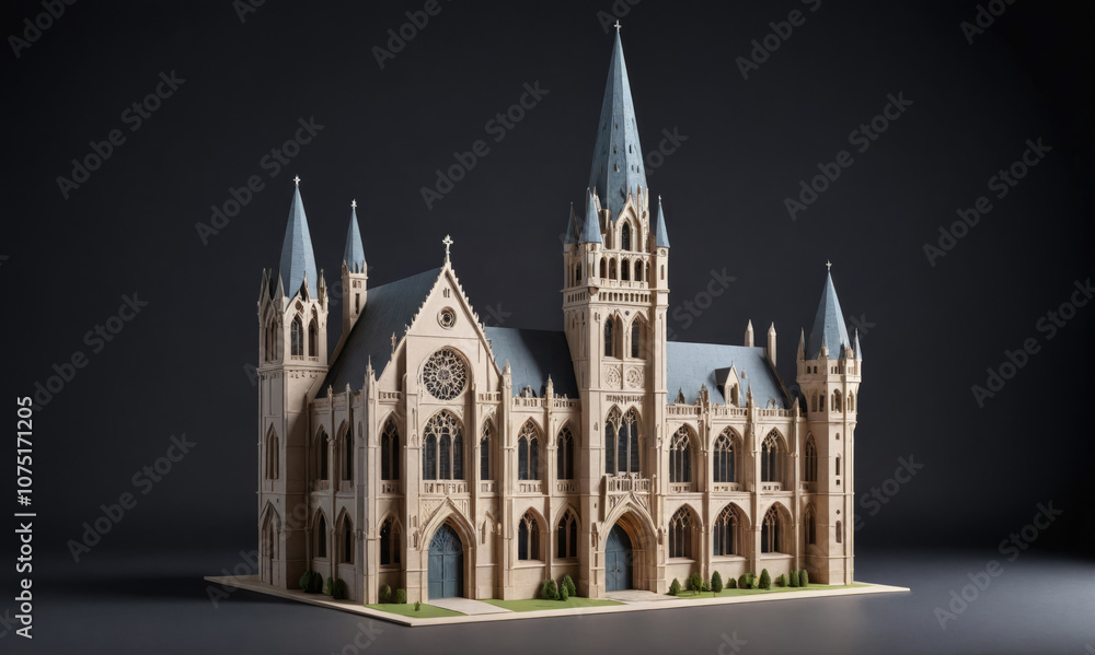 A detailed model of a large, Gothic cathedral stands on a table against a dark background A detailed model of a large, Gothic cathedral stands on a table against a dark background
