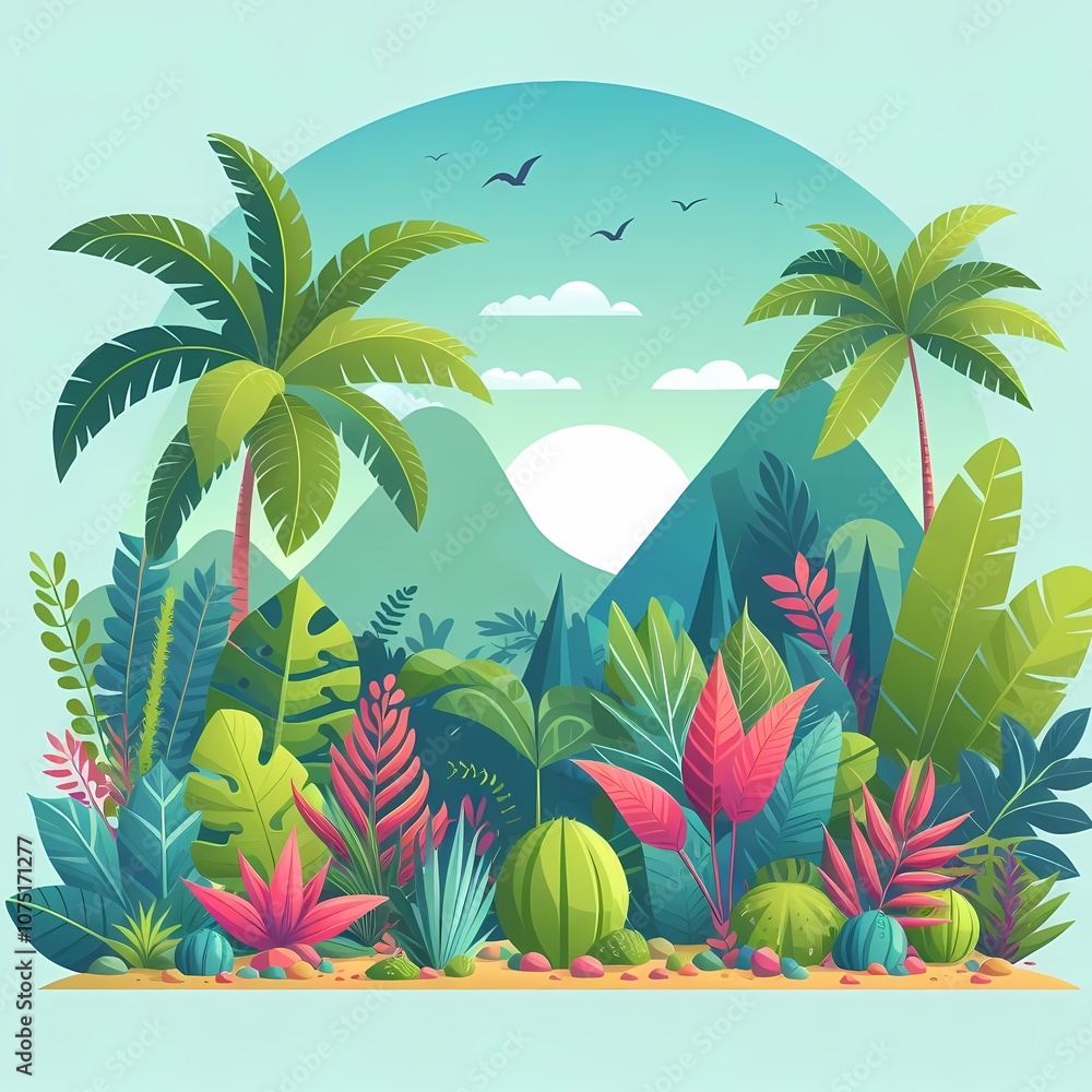 custom made wallpaper toronto digitalTropical jungle with vibrant leaves and plants, flat style illustration