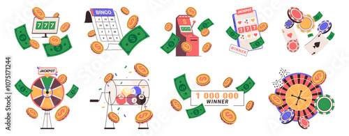 People playing games in casino and winning money. Vector isolated set of characters gambling, spinning drum with balls, holding certificate of millionaire, turning roulette and using slot machine