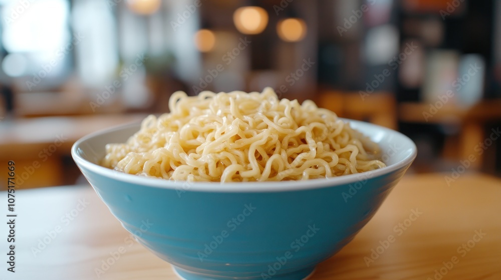 A bowl of cooked ramen noodles sits on a wooden table in a restaurant. A bowl of cooked ramen noodles sits on a wooden table in a restaurant.