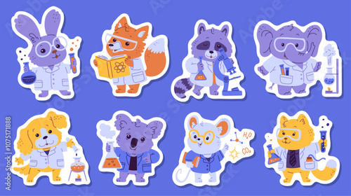 Cute animal scientist vector stickers set, cartoon hare, cat, elephant and koala holds laboratory tubes of chemicals