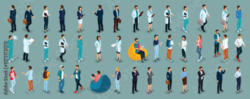 Isometric concept of coworking center. 3D people meeting, discussing, planning, brainstorming at the blackboard, comfortable armchairs in the open office space. Creative people, freelancers isolated
