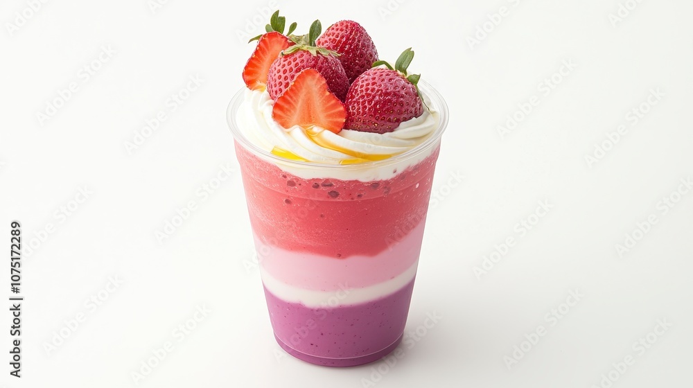 Delicious Layered Strawberry Dessert with Whipped Cream and Fresh Berries in Clear Cup for Refreshing Summer Treat Delicious Layered Strawberry Dessert with Whipped Cream and Fresh Berries in Clear Cup for Refreshing Summer Treat