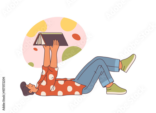 Man reading book and imagining setting of novel, isolated literature lover laying down. Hobby of male personage laying with publication of fantasy genre. Flat cartoon style character vector