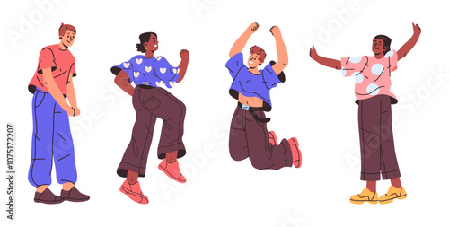 Male and female personages cheering and celebrating victory. Vector isolated winners and successful people raising hands up in happy manner. Excited cartoon personages smiling and jumping
