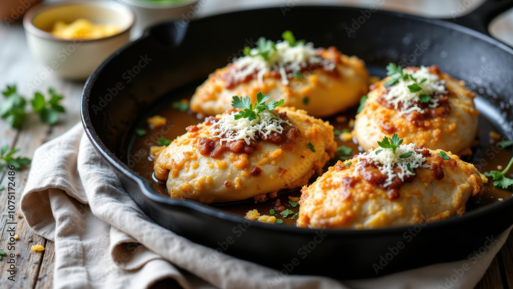 A close-up view of Marry Me Chicken on a skillet with cheese and herbs sprinkled on top. A close-up view of Marry Me Chicken on a skillet with cheese and herbs sprinkled on top.