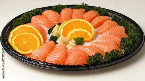 Fresh Salmon Sashimi Platter Garnished with Orange Slices and Green Lettuce on White Background Perfect for Seafood Lovers and Culinary Displays