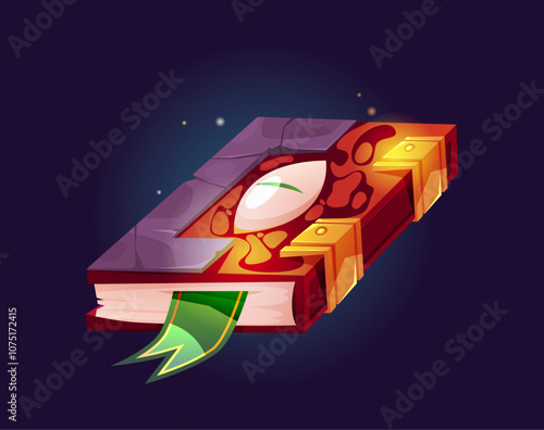 Closed magic book with eye decoration, bookmark and glowing. Vector isolated enchantment and witchcraft, sorcerer handbook with spell recipes and alchemy tips. Grimoire or textbook for game